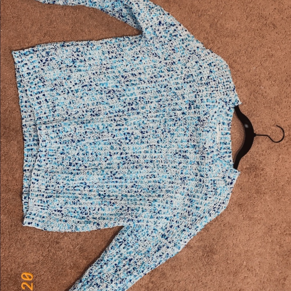 White, light blue, navy blue sweater